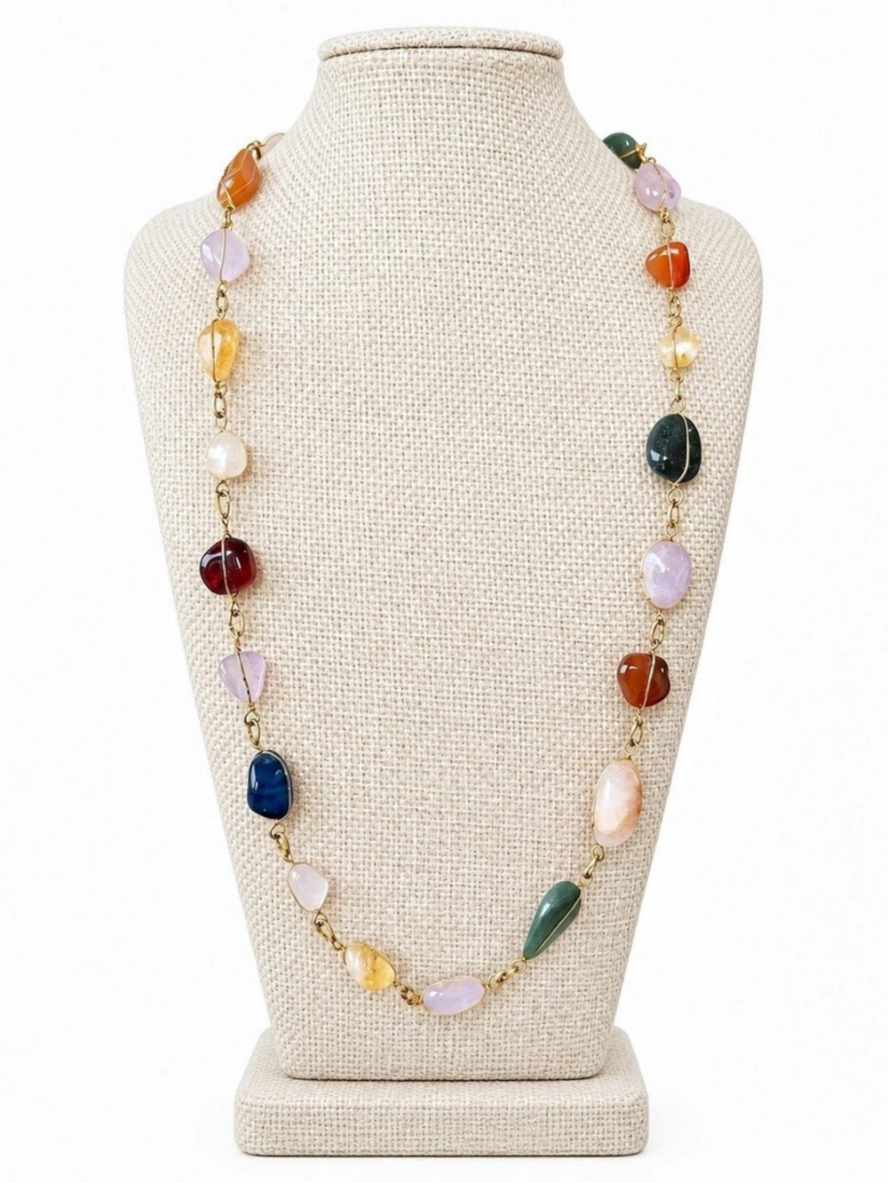 Boho Multicolor Gemstone Gold Tone Long Station Necklace Cottagecore
